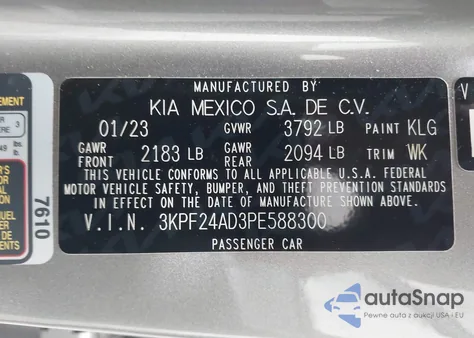 2023 Kia Forte Lxs z USA, uszkodzony, nr VIN 3KPF24AD3PE588300